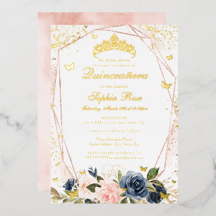Tiara Butterfly Floral Pink Navy Quinceanera Folieneinladung