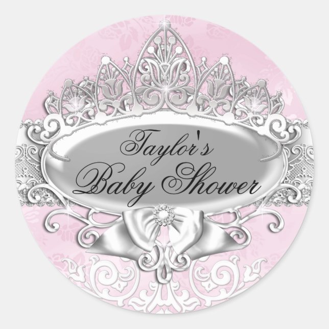 Tiara & Damask Pink Babyduschaufkleber Runder Aufkleber (Vorderseite)