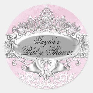 Tiara & Damask Rosa Baby Shower Aufkleber