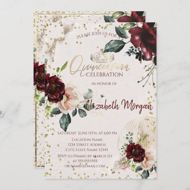 Tiara, Diamonds Burgundy Rose Quinceañera Einladung (Vorne/Hinten)
