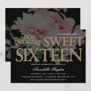 Tiara Floral Black and Gold Sweet 16 Einladung