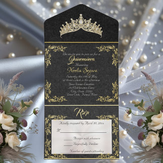 Tiara & Foil Blatt Rahmen Quinceanera - Schwarz/Go All-in-One-Einladung