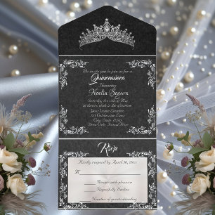 Tiara & Foil Blatt Rahmen Quinceanera - Schwarz/Si All-in-One-Einladung