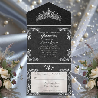Tiara & Foil Blatt Rahmen Quinceanera - Schwarz/Si All-in-One-Einladung