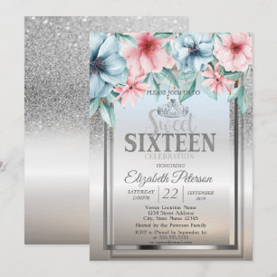 Tiara, Frame Silver Glitzer Bokeh Floral Sweet 16 Einladung