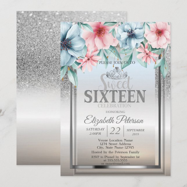 Tiara, Frame Silver Glitzer Bokeh Floral Sweet 16 Einladung (Vorne/Hinten)