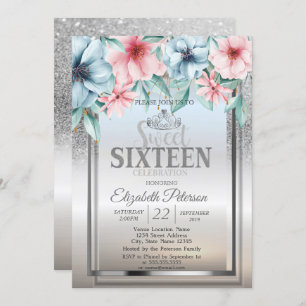 Tiara, Frame Silver Glitzer Bokeh Floral Sweet 16 Einladung