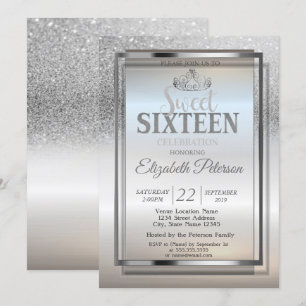 Tiara, Frame Silver Glitzer Bokeh Sweet 16 Party Einladung