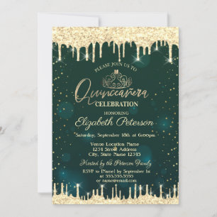Tiara, Gold Glitter-Tropfen Sterne Grüne Quinceañe Einladung