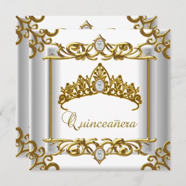 Tiara Gold White Quinceanera 15. Geburtstag Einladung (Vorne/Hinten)