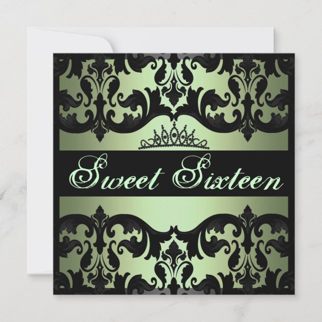 Tiara Green Sweet16 Damask Birthday Invite Einladung (Vorderseite)