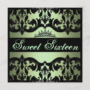 Tiara Green Sweet16 Damask Birthday Invite Einladung