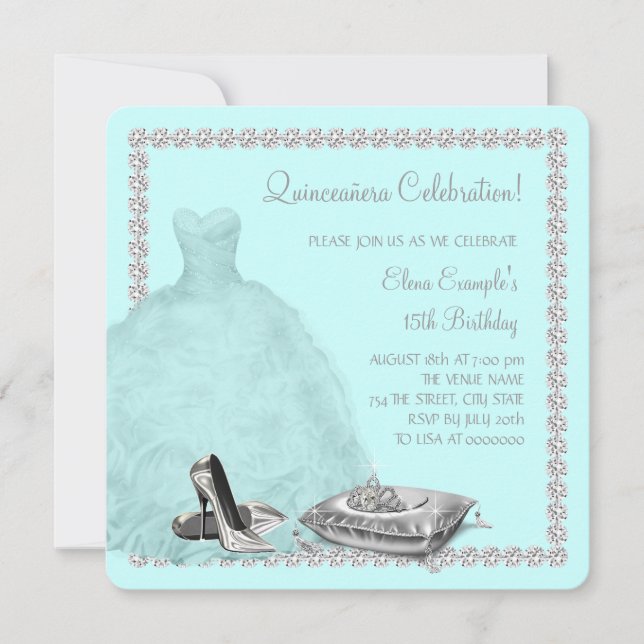 Tiara High Heel Shoes Aquamarin Blue Quinceanera Einladung (Vorderseite)