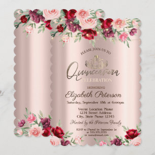Tiara,Lichterketten,Rosen, Roségold Quinceañera Einladung