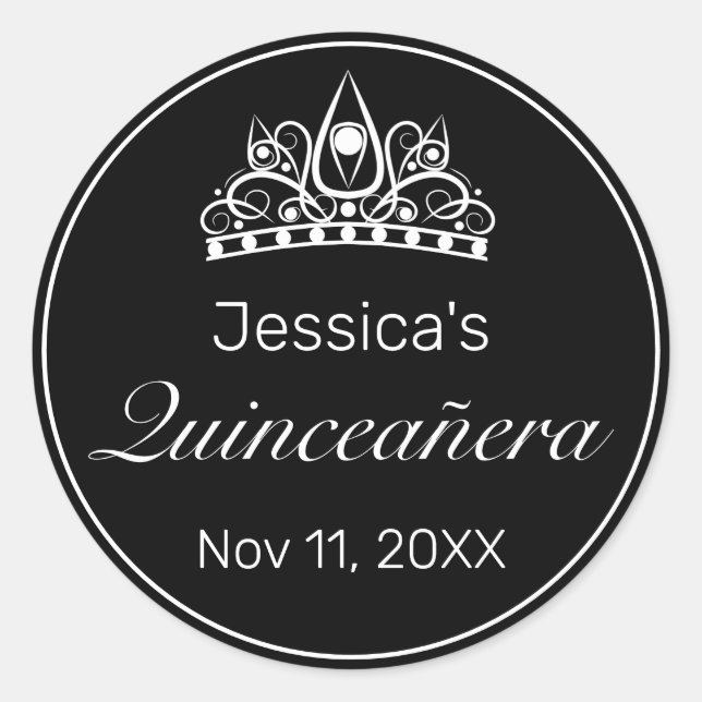 Tiara Modern Minimalistisch White Black Quinceaner Runder Aufkleber (Vorderseite)