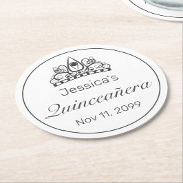 Tiara Modern Minimalistisch White Black Quinceaner Runder Pappuntersetzer