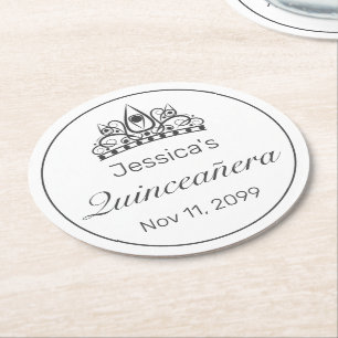 Tiara Modern Minimalistisch White Black Quinceaner Runder Pappuntersetzer