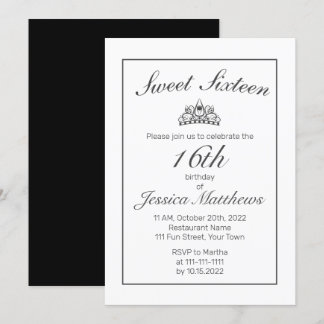 Tiara Modern Minimalistisch White Black Sweet 16 Einladung