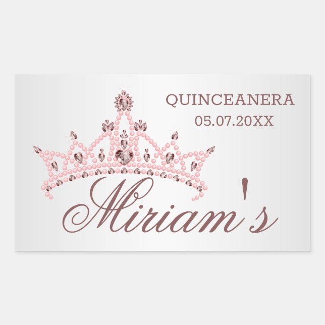 Tiara, Perlen, Edelstein in Herzform Quinceanera Rechteckiger Aufkleber (Vorderseite)