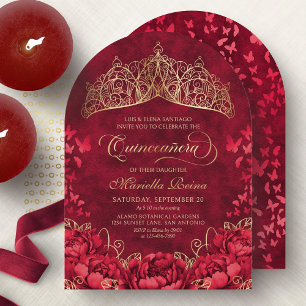 Tiara Princess Red Gold Elegante Quinceanera Einladung