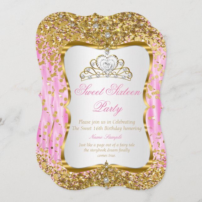 Tiara Princess Sweet 16 Pink Gold Einladung (Vorne/Hinten)