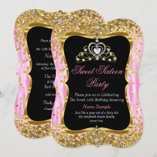 Tiara Prinzessin Sweet 16 Rosa Gold Schwarz Einlad Einladung