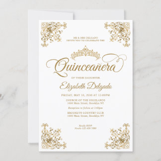 Tiara Quinceanera Classic Vintag White Gold Frame Einladung