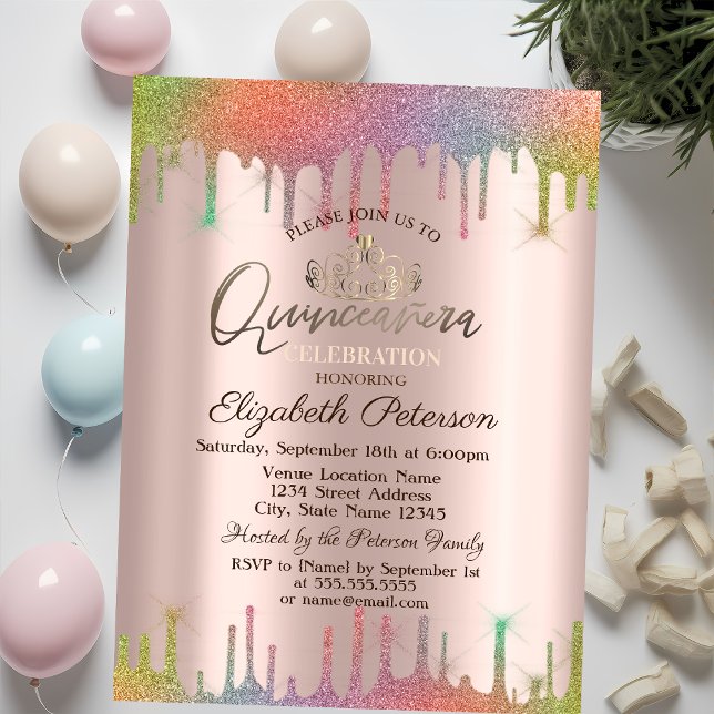 Tiara, Rainbow Glitzer Drops Quinceañera Einladung (Von Creator hochgeladen)