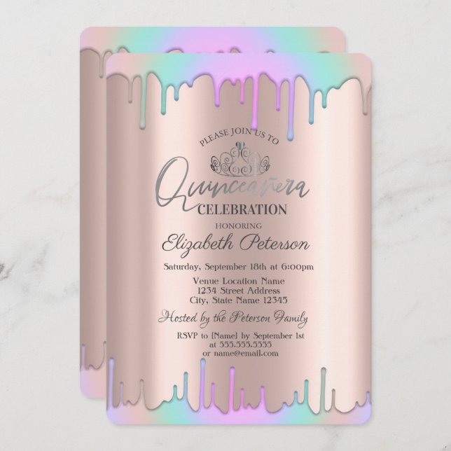 Tiara, Regenbogen Drops Rose Gold Quinceañera Einladung (Vorne/Hinten)