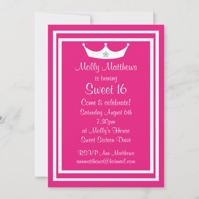 Tiara-rosa u. weißes kundengerechtes des Bonbon-16 Einladung (Vorderseite)