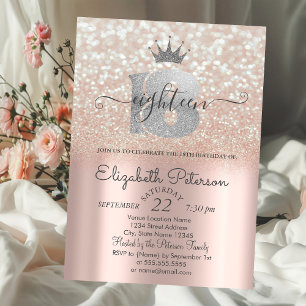 Tiara, Rose Gold Glitzer Bokeh 18. Geburtstagspart Einladung