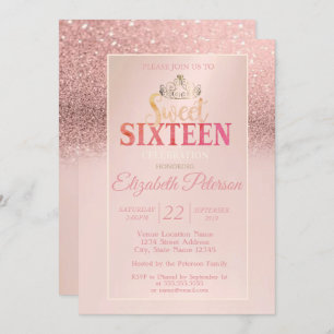 Tiara, Rose Gold Glitzer Bokeh Ombre Sweet 16 Part Einladung