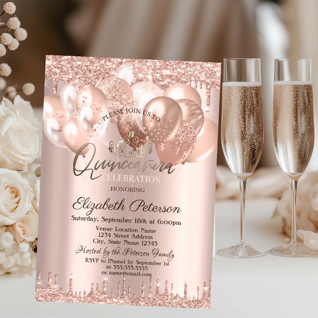 Tiara, Rose Gold Glitzer Drops Balloons Quinceañer Einladung (Von Creator hochgeladen)