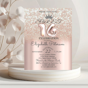 Tiara, Rose Gold Sweet 16 Glitzer Bokeh Ombre Part Einladung