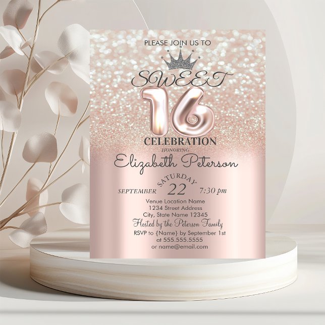 Tiara, Rose Gold Sweet 16 Glitzer Bokeh Ombre Part Einladung (Von Creator hochgeladen)