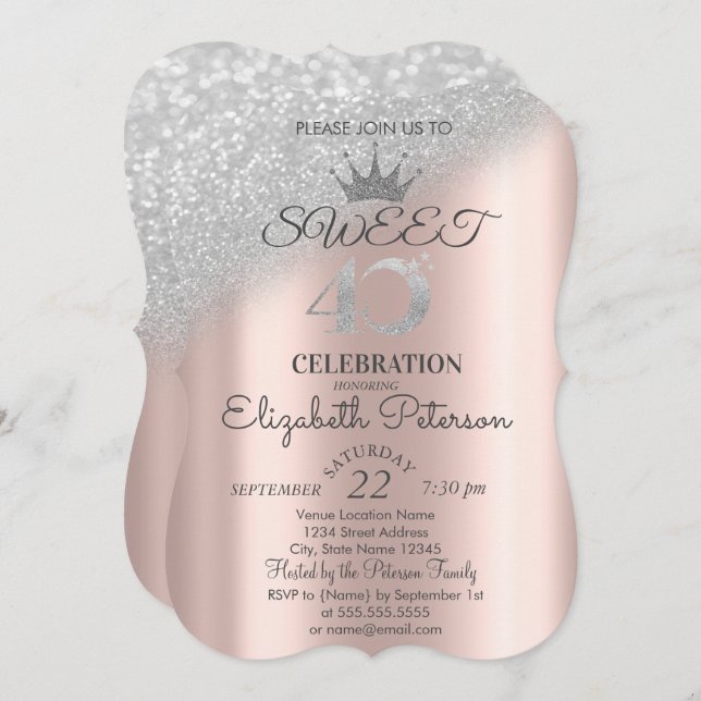 Tiara, Rose Gold Sweet 40. Glitzer Bokeh Ombre Einladung (Vorne/Hinten)