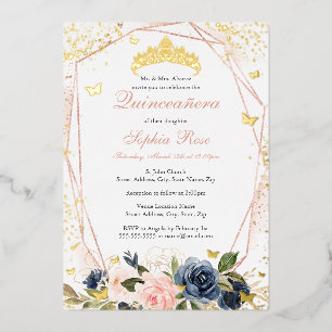 Tiara Schmetterling Florales Rosa Navy Quinceanera Folieneinladung