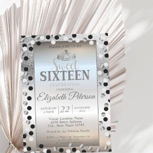 Tiara, Silber Glitter Bokeh Punkte Sweet 16 Party Einladung