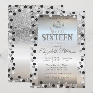 Tiara, Silver Glitzer Bokeh Dots Sweet 16 Party Einladung