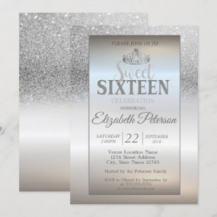 Tiara, Silver Glitzer Bokeh Ombre Sweet 16 Party Einladung