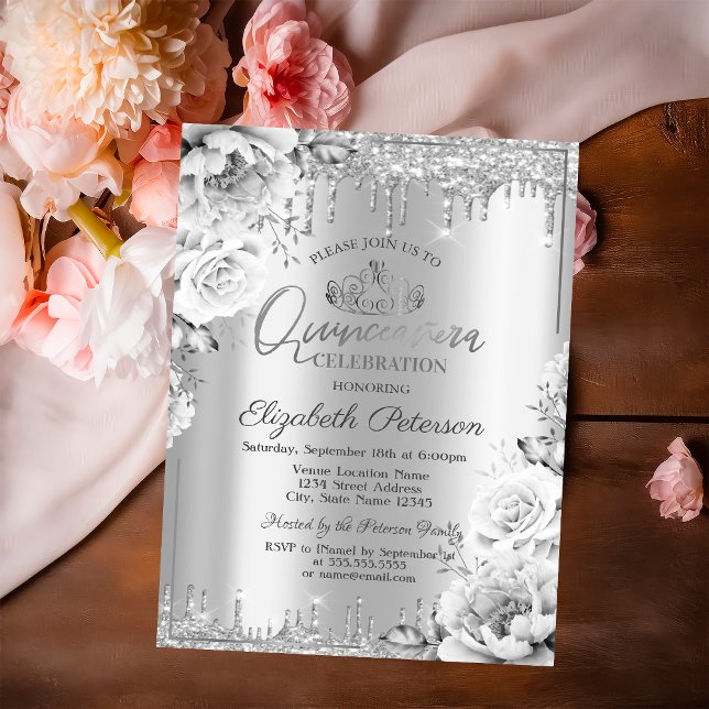 Tiara, Silver Glitzer Drops Blume Quinceañera Einladung (Von Creator hochgeladen)