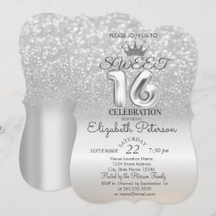 Tiara, Silver Sweet 16 Glitzer Bokeh Ombre Party Einladung
