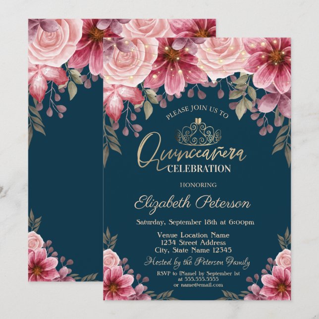 Tiara, String Lights Blume Navy Blue Quinceañera Einladung (Vorne/Hinten)