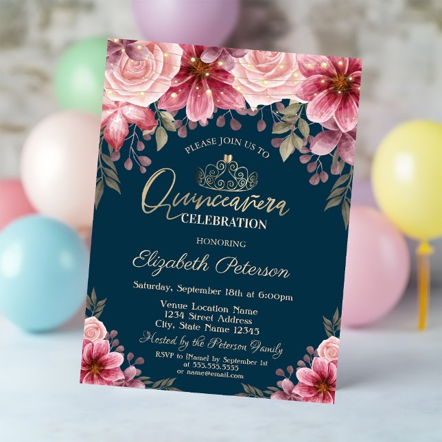 Tiara, String Lights Blume Navy Blue Quinceañera Einladung (Von Creator hochgeladen)