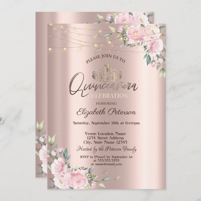 Tiara, String Lights Blume Rose Quinceañera Einladung (Vorne/Hinten)
