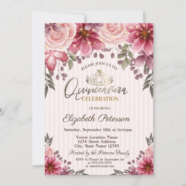 Tiara, String Lights Blume Striped Quinceañera Einladung (Vorderseite)