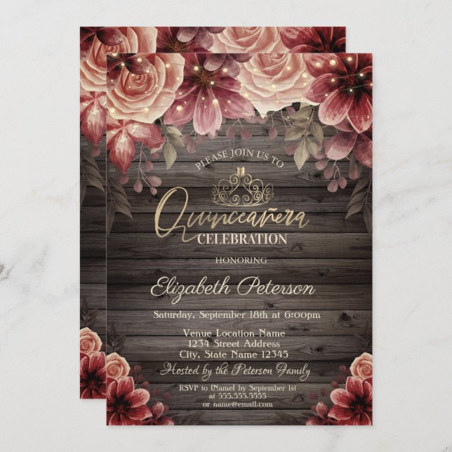 Tiara, String Lights Blume Wood Quinceañera Einladung (Vorne/Hinten)