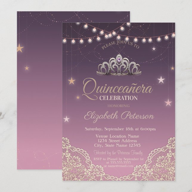 Tiara, String Lights, Lace Quinceañera Einladung (Vorne/Hinten)