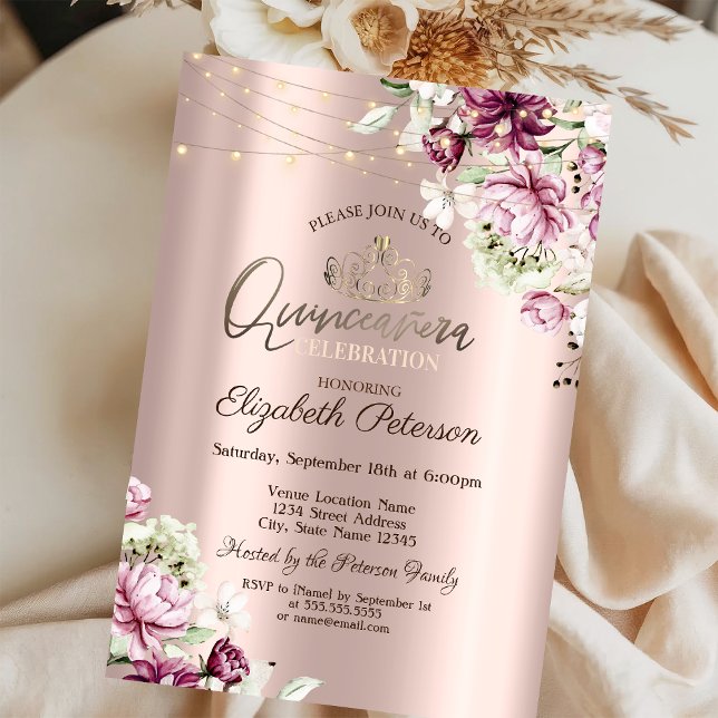 Tiara, String Lights Rosa Blume Quinceañera Einladung (Von Creator hochgeladen)