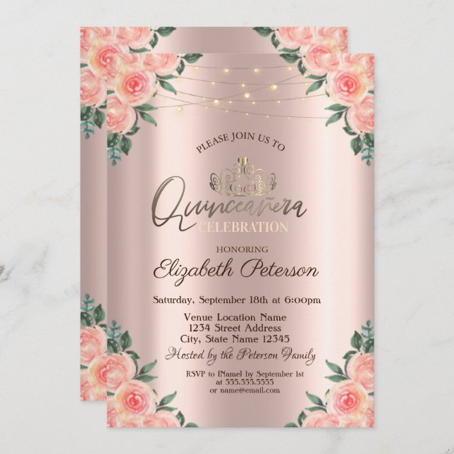 Tiara, String Lights Rose Quinceañera Einladung (Vorne/Hinten)